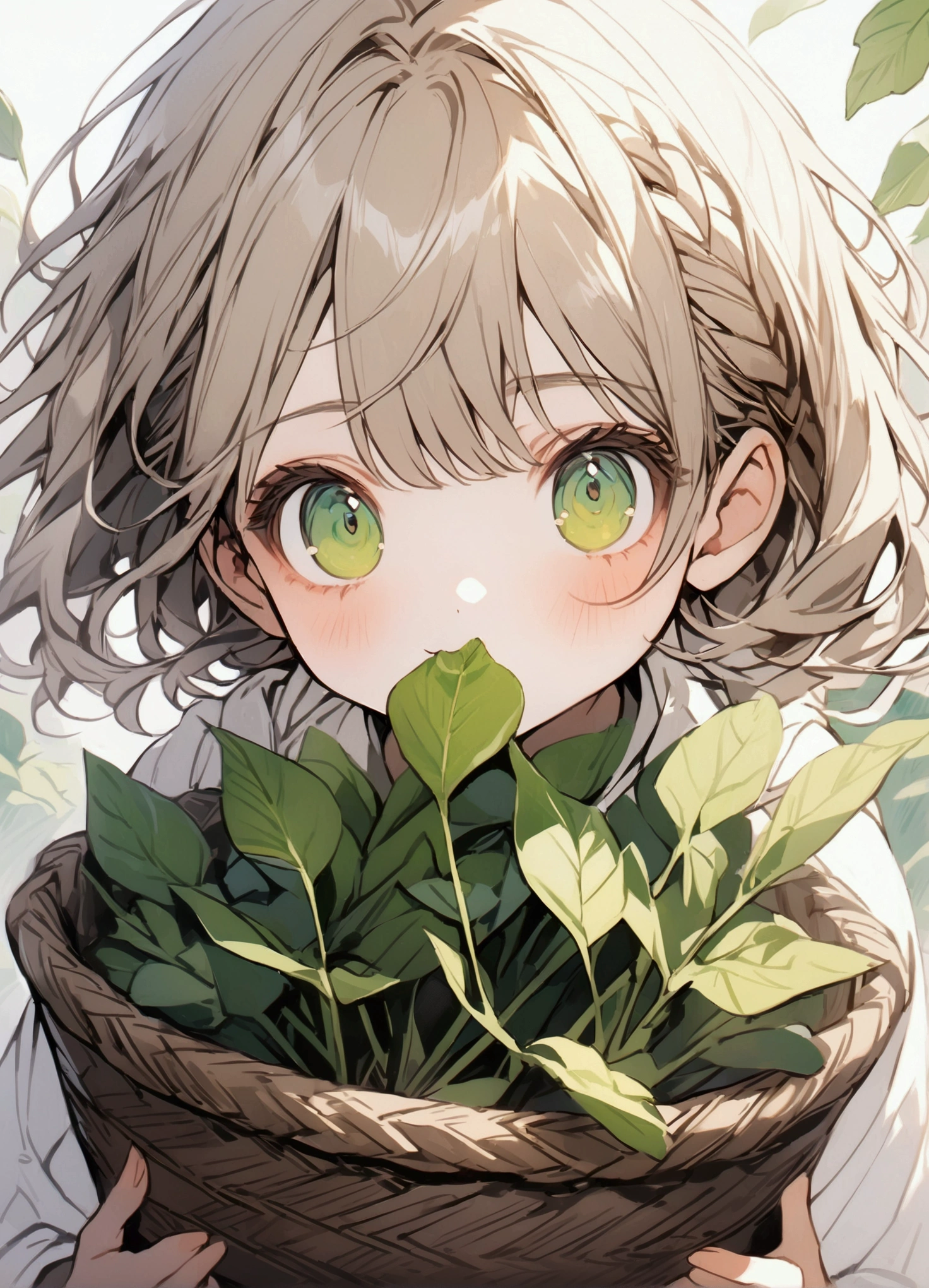 a character eating a bunch of green leafs in an anime like background, basket, 1girl, holding, solo, green eyes,