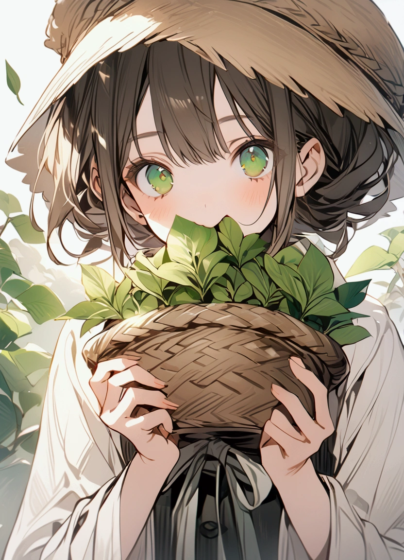 a character eating a bunch of green leafs in an anime like background, basket, 1girl, holding, solo, green eyes,