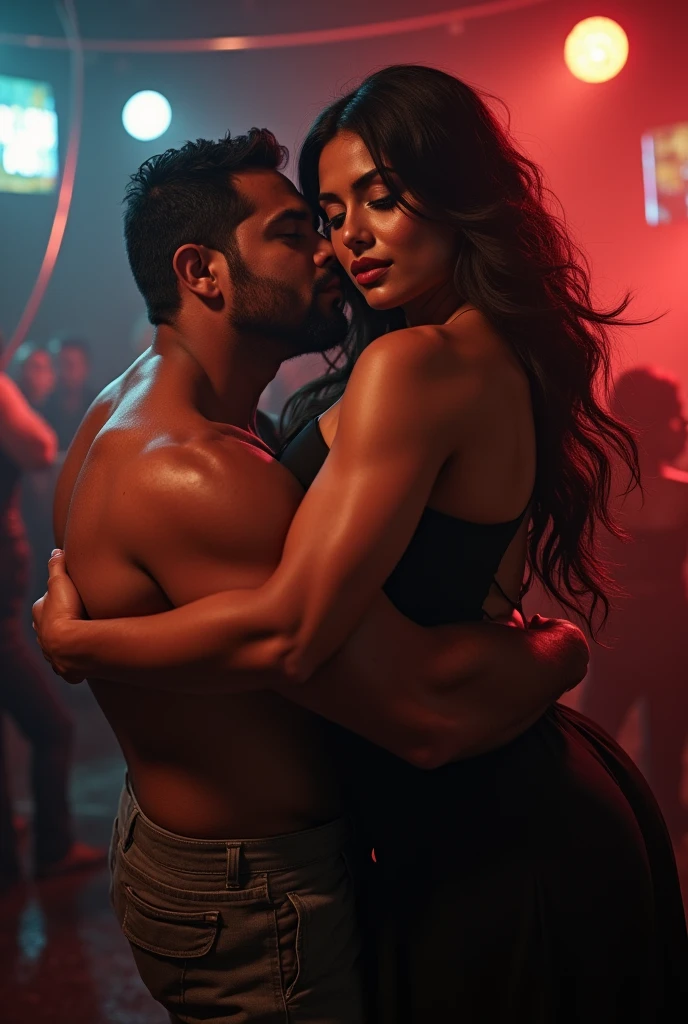 Sexy, stunning, Indian girl lifting a man cradled in her strong arms. She is standing confidently in a night club wearing an elegant dress. The man is large and overweight. She is extremely strong.