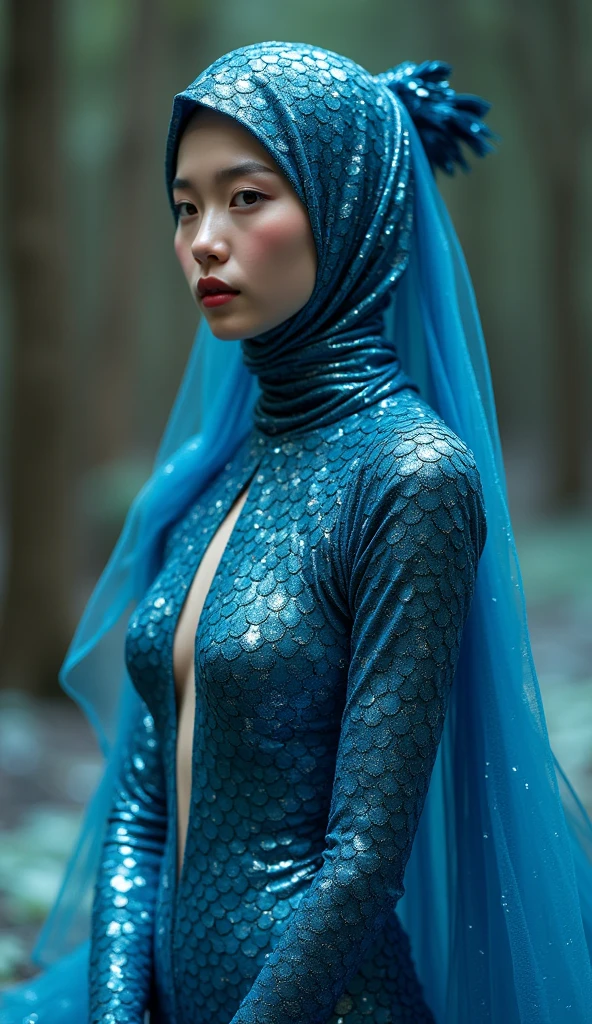 The beautiful,slender thin and clever asian taiwan adult female girl with beautiful and shiny cheeks wears jewel blue peacock animal lycra turtleneck unitard catsuit covered with scales and jewel blue peacock lycra elastane stretchy dancewear hijab-like hood covered with scales.She will open her huge beautiful peacock tail