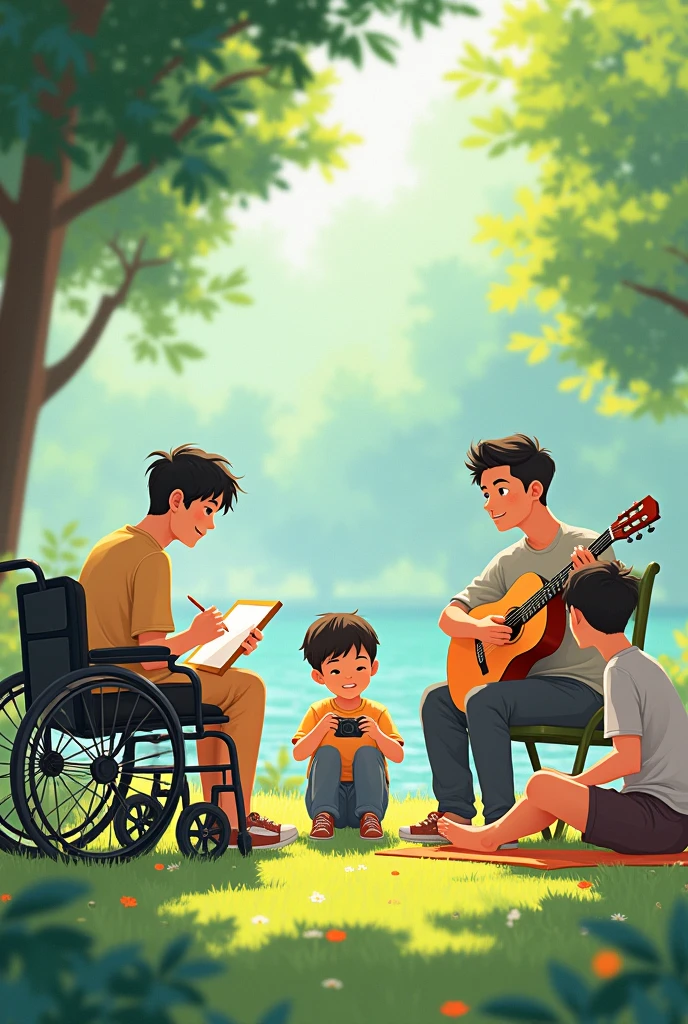 A man drawing and next to him is a man with his guitar and another lying on the grass and on the south side a boy who is in a wheelchair photographing his friend, all 5 are Asian 