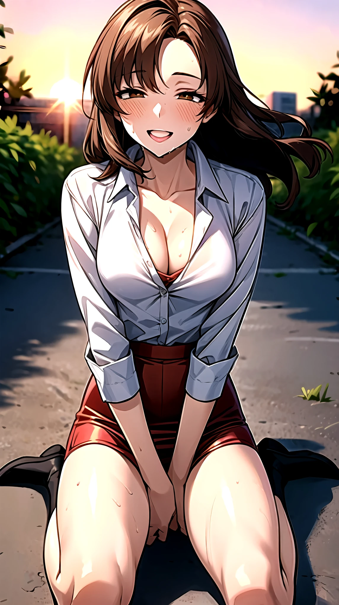 ((super high quality,Ultra-high resolution,16K,super masterpiece,Ultra HD ,Detailed shading,))Full body photo,A hill illuminated by the setting sun,One sexy mature woman,((popped Tight collar Pink shirts,SEXY cleavage,))Folded sleeves,Red pencil skirt,Brown medium long hair,Hair disheveled by the wind,smile,blush,Thick lips,Sweaty,A small amount of drooling,slouch,Put your hands between your legs,