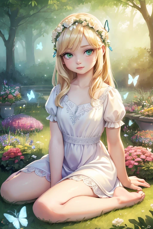 A girl in a garden,(best quality,4k,8k,highres,masterpiece:1.2),ultra-detailed,(realistic,photorealistic,photo-realistic:1.37),portrait,surreal,hyper detailed,fantasy,vibrant colors,dramatic lighting,volumetric lighting,beautiful detailed eyes,beautiful detailed lips,extremely detailed eyes and face,long eyelashes,blonde hair,green eyes,pale skin,flower crown,white dress,barefoot,sitting on grass,surrounded by flowers,butterflies,bees,hummingbirds,glowing aura,mystical,ethereal