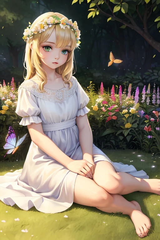 A girl in a garden,(best quality,4k,8k,highres,masterpiece:1.2),ultra-detailed,(realistic,photorealistic,photo-realistic:1.37),portrait,surreal,hyper detailed,fantasy,vibrant colors,dramatic lighting,volumetric lighting,beautiful detailed eyes,beautiful detailed lips,extremely detailed eyes and face,long eyelashes,blonde hair,green eyes,pale skin,flower crown,white dress,barefoot,sitting on grass,surrounded by flowers,butterflies,bees,hummingbirds,glowing aura,mystical,ethereal