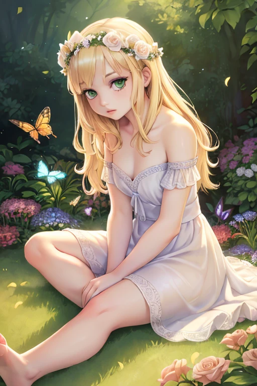 A girl in a garden,(best quality,4k,8k,highres,masterpiece:1.2),ultra-detailed,(realistic,photorealistic,photo-realistic:1.37),portrait,surreal,hyper detailed,fantasy,vibrant colors,dramatic lighting,volumetric lighting,beautiful detailed eyes,beautiful detailed lips,extremely detailed eyes and face,long eyelashes,blonde hair,green eyes,pale skin,flower crown,white dress,barefoot,sitting on grass,surrounded by flowers,butterflies,bees,hummingbirds,glowing aura,mystical,ethereal
