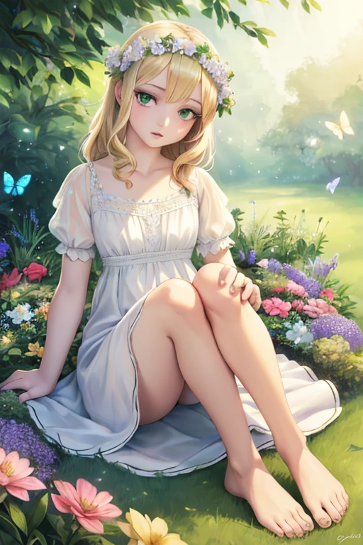 A girl in a garden,(best quality,4k,8k,highres,masterpiece:1.2),ultra-detailed,(realistic,photorealistic,photo-realistic:1.37),portrait,surreal,hyper detailed,fantasy,vibrant colors,dramatic lighting,volumetric lighting,beautiful detailed eyes,beautiful detailed lips,extremely detailed eyes and face,long eyelashes,blonde hair,green eyes,pale skin,flower crown,white dress,barefoot,sitting on grass,surrounded by flowers,butterflies,bees,hummingbirds,glowing aura,mystical,ethereal