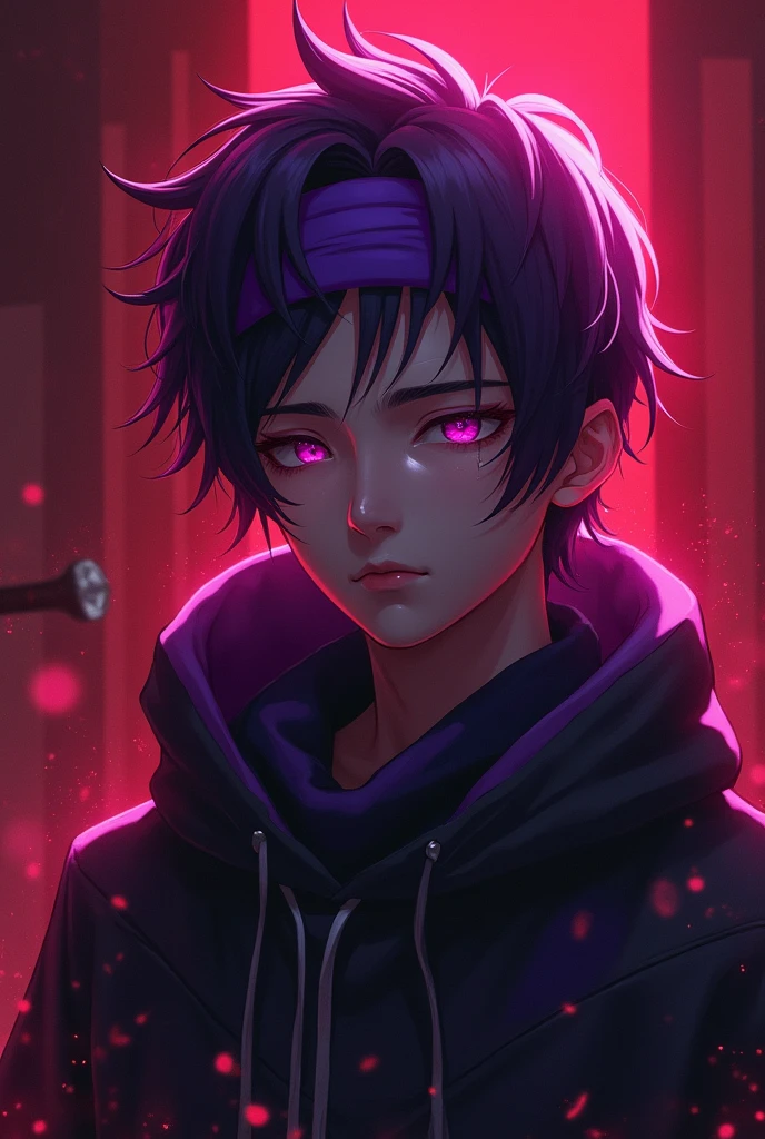 a young anime boy with purple headband, deadly aura, hyperrealistic, detailed face, beautiful eyes, striking expression, dark clothing, mysterious background, cinematic lighting, dramatic shadows, digital painting, concept art style, vibrant colors, moody atmosphere, fantasy theme. age must be like 25 and there must be a minecraft diamond axe in the back also make the background theme red . charecter must not be realistic where is the axe. axe must be visible. it must be aminecraft axe. the diamond minecraft must be visible. make the axe look its on his hand but a little..