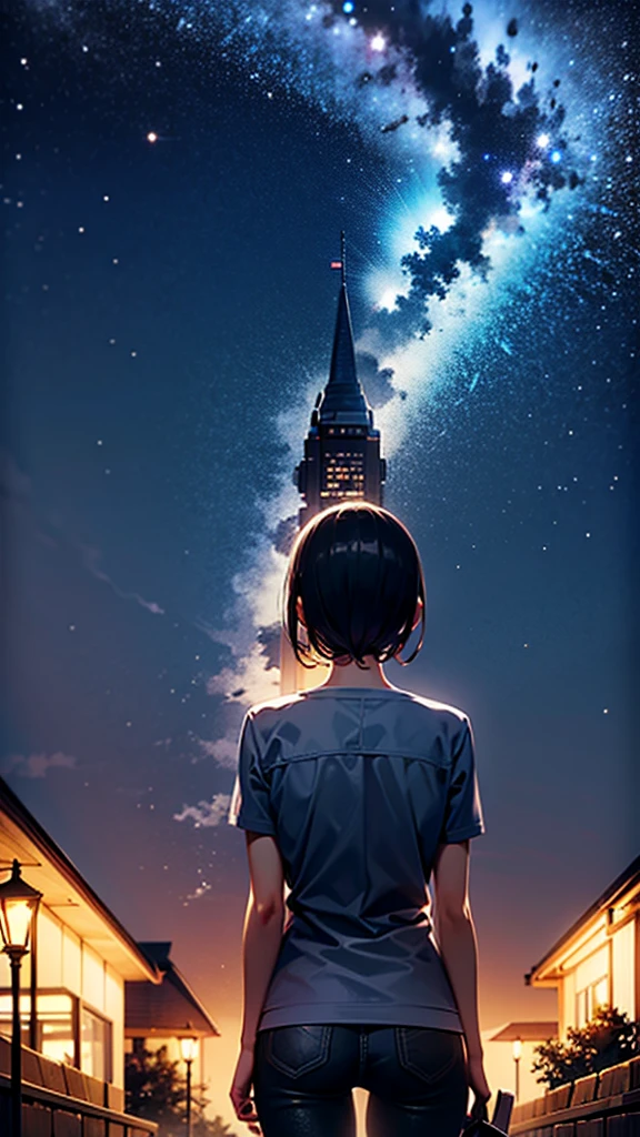 One person, Highest quality, Back view,
place:A place full of nature with a beautiful night sky