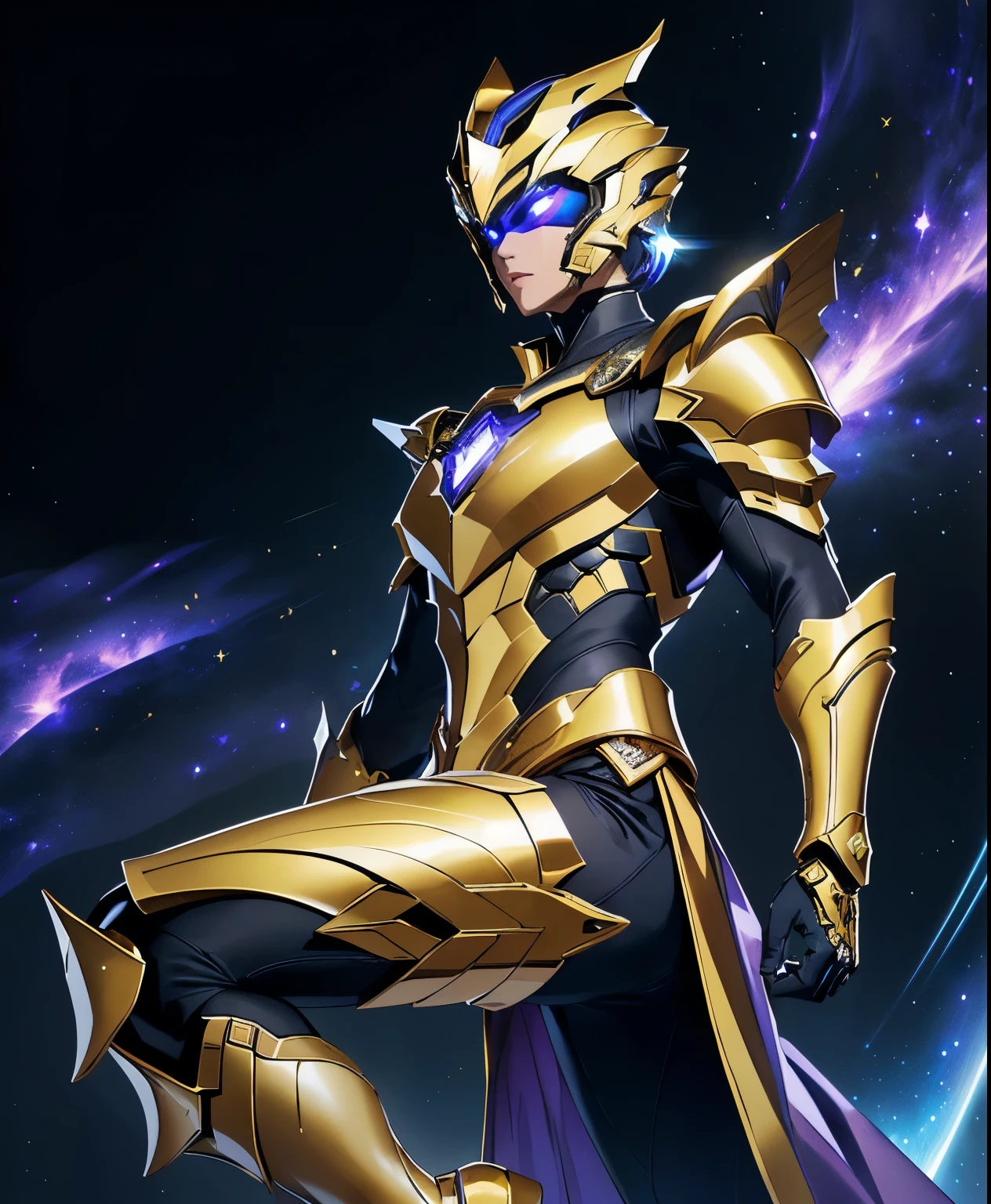 Faça um homem: The image presents a highly detailed and futuristic armor designed for a male warrior. The armor combines elements from different parts to create a cohesive and powerful look.

Helmet: The helmet features a sleek, aerodynamic design with a golden metallic finish. It has a central crest that rises upwards, and the visor glows with a bright blue light, giving it a high-tech, futuristic appearance.

Pauldrons (Shoulder Pads): The shoulder pads are large and wing-like, curving outward and upward, with a polished golden finish. These pads extend slightly beyond the shoulders and include a sleek, angular design, providing both a majestic and powerful look.

Chest Plate: The chest plate is intricately segmented, with a combination of gold and dark metallic blue. It has a gem-like crystal in the center that emits a soft, mystical glow. The design of the chest plate is both protective and regal, with sharp, angular lines that add to the overall futuristic aesthetic.

Arm Guards: The arm guards are sleek and streamlined, with articulated golden and purple segments that offer flexibility and protection. The design of the gauntlets is both robust and elegant, incorporating futuristic elements that blend with the classic style.

Leg Armor: The legs are armored with segmented plates that are primarily gold and purple. The boots are angular and sturdy, with a design that conveys both strength and agility. The overall look of the leg armor is grounded yet sleek, completing the ensemble with a powerful stance.

The background of the image is a dark cosmic scene, filled with distant stars and nebulae that highlight the polished surfaces of the armor. Dynamic lighting is used to emphasize the key features, particularly the glowing visor and central chest gem, reinforcing the mystical and imposing nature of the warrior