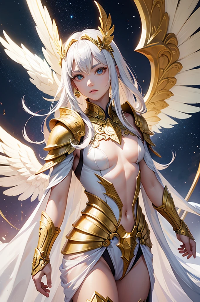 Create an epic character design of a male warrior with a majestic golden armor, adorned with intricate details and ornate patterns. The character should have large, radiant golden wings resembling those of an angel, glowing with divine energy. Behind the character, add swirling, golden divine effects, such as halos, light beams, and ethereal symbols, creating a heavenly aura. The armor should have a highly polished, reflective surface with subtle engravings and gemstones embedded. The background should be a celestial landscape with clouds and a luminous aura, with rays of light shining through the wings. The overall style should be inspired by manga and manhwa, featuring sharp lines, vibrant colors, and expressive features, emphasizing both the power and grace of the character