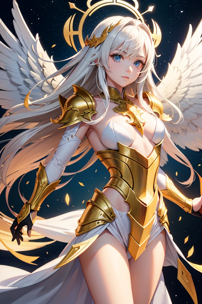 Create an epic character design of a male warrior with a majestic golden armor, adorned with intricate details and ornate patterns. The character should have large, radiant golden wings resembling those of an angel, glowing with divine energy. Behind the character, add swirling, golden divine effects, such as halos, light beams, and ethereal symbols, creating a heavenly aura. The armor should have a highly polished, reflective surface with subtle engravings and gemstones embedded. The background should be a celestial landscape with clouds and a luminous aura, with rays of light shining through the wings. The overall style should be inspired by manga and manhwa, featuring sharp lines, vibrant colors, and expressive features, emphasizing both the power and grace of the character