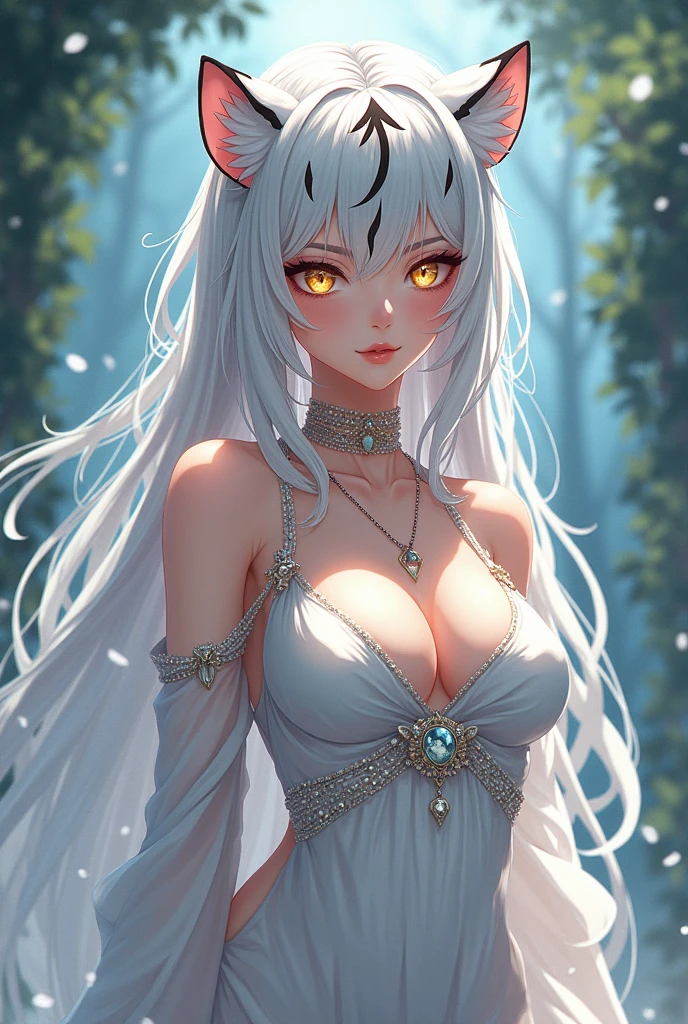 Anime girl with big breasts, wearing a goddess dress, and she's a goddess, half human half white tiger, white hair with black stripes, golden eyes.