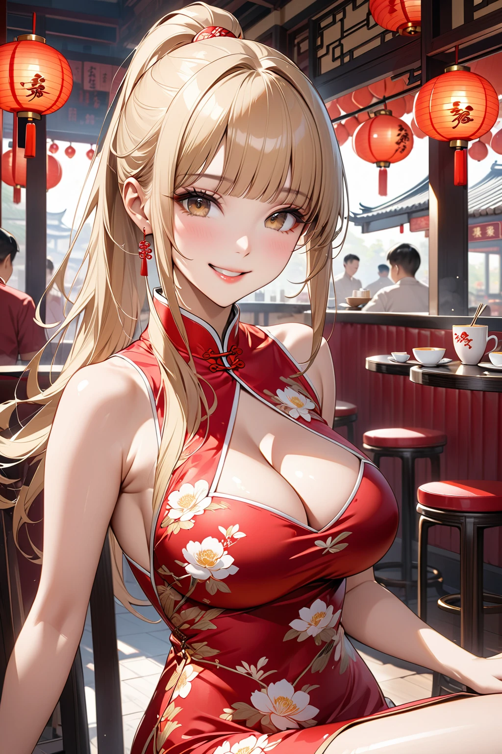 masterpiece,highest quality,32K,ultra detailed,young woman,light brown eyes,light makeup,full breasts,cleavage,fair skin,shiny skin,happy smile,silky hair,bangs,straight hair,ponytail,blond,cheongsam,chinese cafe