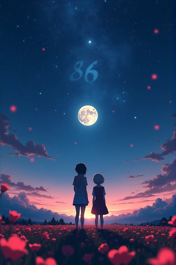 Two anime characters based on 86 anime standing on a field of small red flowers looking up to the starry night sky with big moon, shot from a far