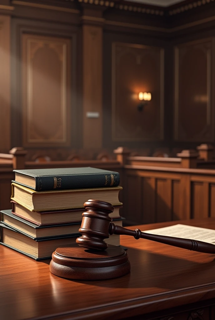Law books and the hammer in the court room