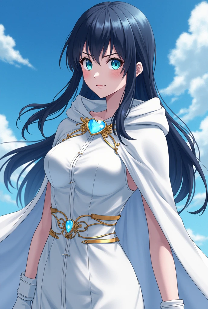 Create a character from my hero academy who is a girl with white skin and jet black hair with straight blue eyes with wavy tips and with her hero costume with a white dress and cape with a white hood with silk fabric and a delicate gold belt with a light blue crystal heart on the belt and white gloves