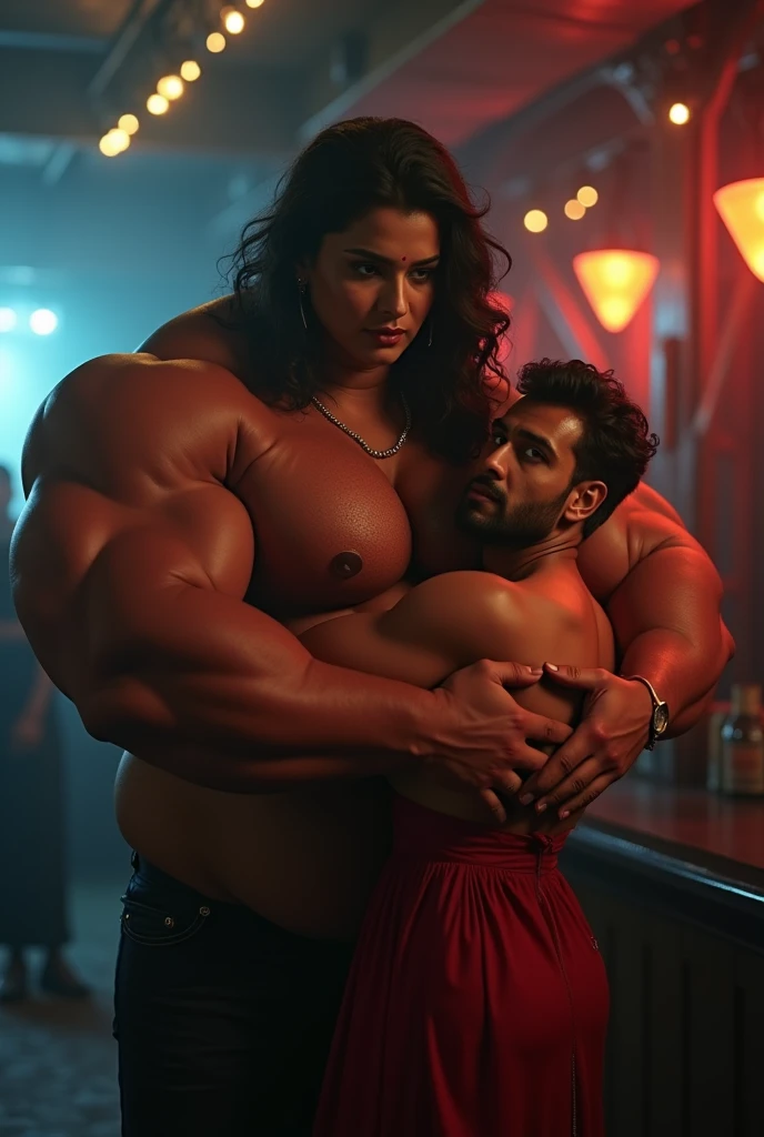 Sexy, stunning, Indian girl lifting a man cradled in her strong arms. She is standing confidently in a night club wearing an elegant dress. The man is large and overweight. She is extremely strong.