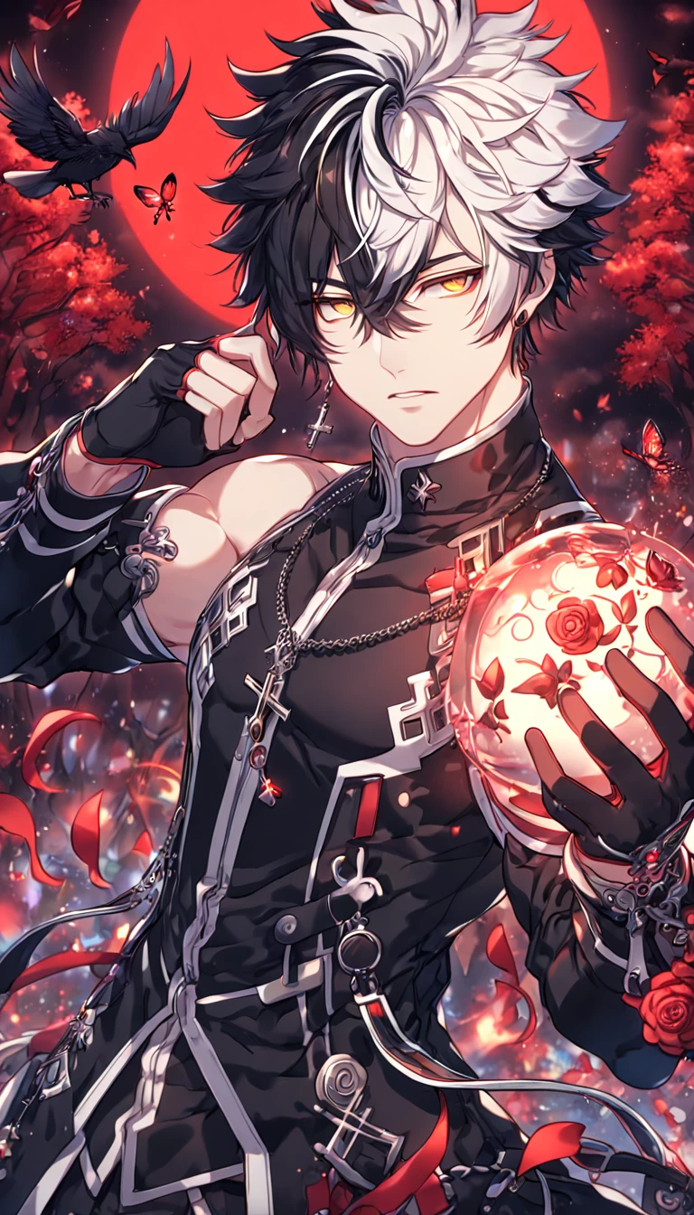 absurdres, highres, ultra detailed, HDR, master piece, best quality, extremely detailed, detailed face, detailed eyes, Raven, spiked hair, bicolor hair, right side black hair, left side white hair, expressive yellow eyes, Elsword, solo, sexy man, handsome, manly man, adult face, black coat, sleeveless, detached sleeves, cross necklace, black gloves, magical, fantasy, under a red trees, forest, red leaves, red flames, red moon, red fireflies, red roses, red butterflies, glass magic