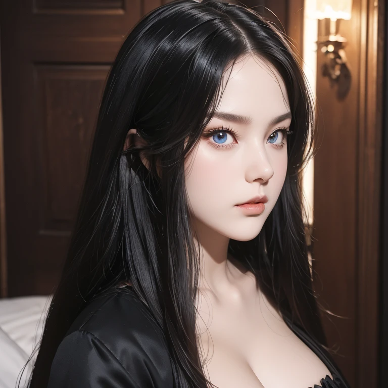 full body masterpiece, ultra realistic, 16k, high quality, incredibly detailed, dream aesthetic, dream atmosphere, cinematic, (sharp focus : 1.5), (photorealistic : 1.3), gothic (Gorgeous gothic girl), female beauty, defined jaw, square face, wonderful gothic girl (enchanting seductress), cinematic, detailed, 16k sharp focus, realistic. wonderful. Seductive (evil). Dark hair (realistic texture), highlighted, silky and shiny hair, detailed hair (realistic), black hair (natural). wonderful detailed face (enchanting seductress). blushed cheekbones (rosy cheeks), tanned skin, (white skin) alabaster skin that seems to glow ethereally. Her attire is gothic. Voluptuous shape. turquoise blue eyes (evil eyes look). a symmetrical face ::2 gothic clothes + ArtStation Trends + fantasy art + realistic cloth + fractals in the background, loose hair --aspect 9:21 – enhance your unearthly beauty. realistic skin texture, pale white skin illuminated. realistic perfect shading. absurd, realistic textures. alone, alone, 1 girl. Looking at the viewer. muscular female body, hot body, toned body, defined muscles. big natural breasts, cleavage. pantyhose, gothic (black) dress (realistic texture). In different positions at different angles. Bedroom background. incredibly real, best quality, photorealistic.