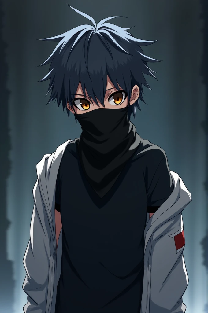 A boy with a black bandana in front of his eyes, he has dark gray hair, he wears a black t-shirt with a white jacket underneath, make him look like an anime