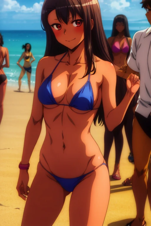 (Anime artwork, Anime Style, Studio Anime, Very detailed, Anime Coloring, High Contrast, masterpiece:1.2, Highest quality, Best aesthetics),2 ,Hug from behind,bikini, Mid-chest, Perfect Proportions, Skin with attention to detail, cute, Detailed face,Beach, Accurate Fingers,Curvy,Crowd in swimsuits, Dark Skin,Cocoa Skin, swimsuit tanning,whole body