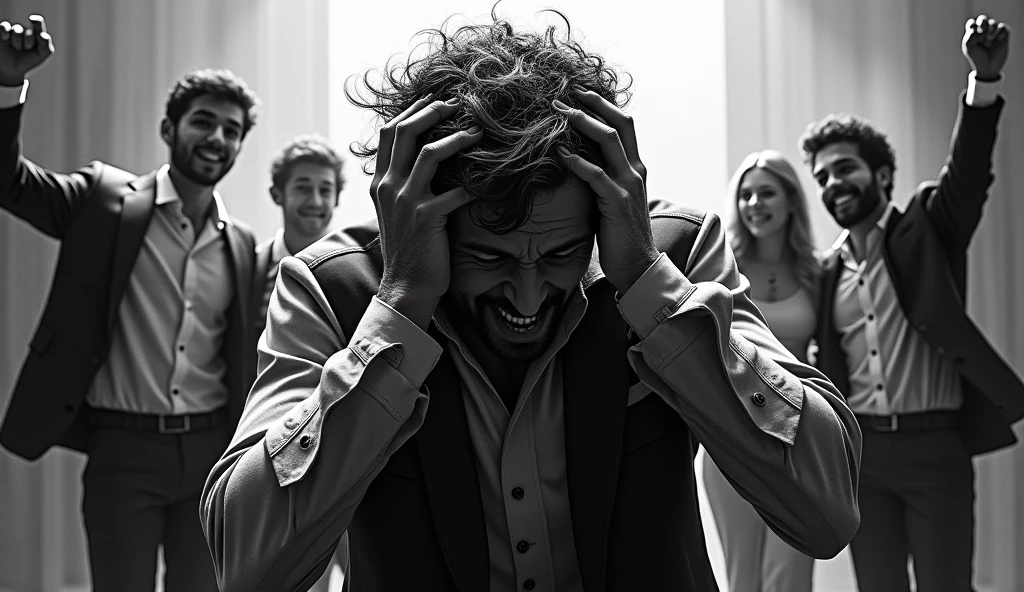 A twisted dramatic scene from A person who never succeeds in his job, desperate with his hands on his head screaming, wearing poor clothes, his friends celebrating success wearing suit and tie in the background, the whole scene in black and white, the central person highlighted with the colorful outfit.
