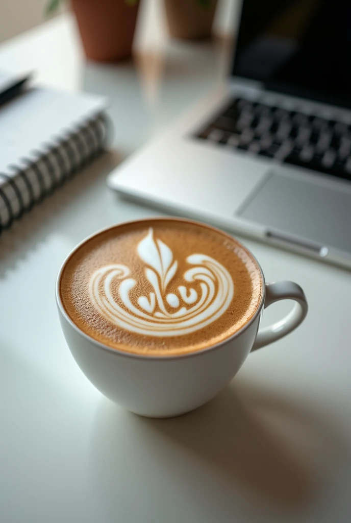 A cappuccino sits in a simple, white cup on a modern office table. The table is tidy, with a laptop, some notebooks and a pen next to it. (note the size ratio) The centerpiece, however, is the cappuccino: the barista has artfully designed the milk foam so that the letters "vdw" can be seen clearly and precisely on it. The letters are embedded in slightly curved lines and stand out perfectly from the creamy milk foam. The overall look conveys an atmosphere of professionalism and care, with a touch of creativity.