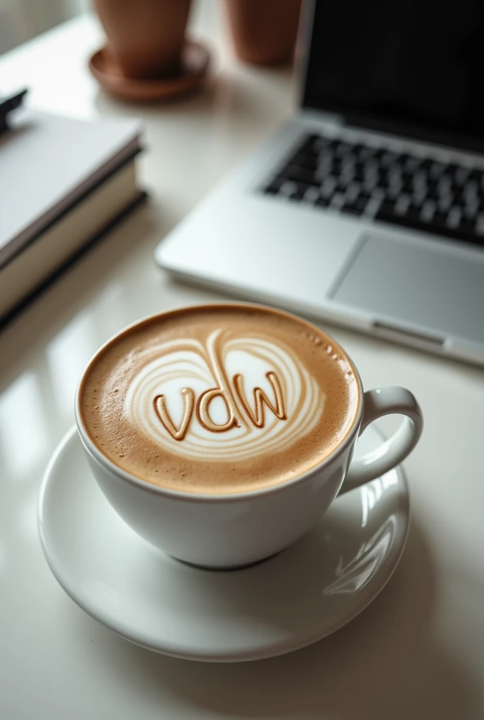 A cappuccino sits in a simple, white cup on a modern office table. The table is tidy, with a laptop, some notebooks and a pen next to it. (note the size ratio) The centerpiece, however, is the cappuccino: the barista has artfully designed the milk foam so that the letters "vdw" can be seen clearly and precisely on it. The letters are embedded in slightly curved lines and stand out perfectly from the creamy milk foam. The overall look conveys an atmosphere of professionalism and care, with a touch of creativity.