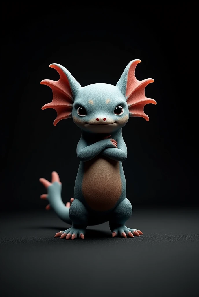 Axolotl with arms crossed black background