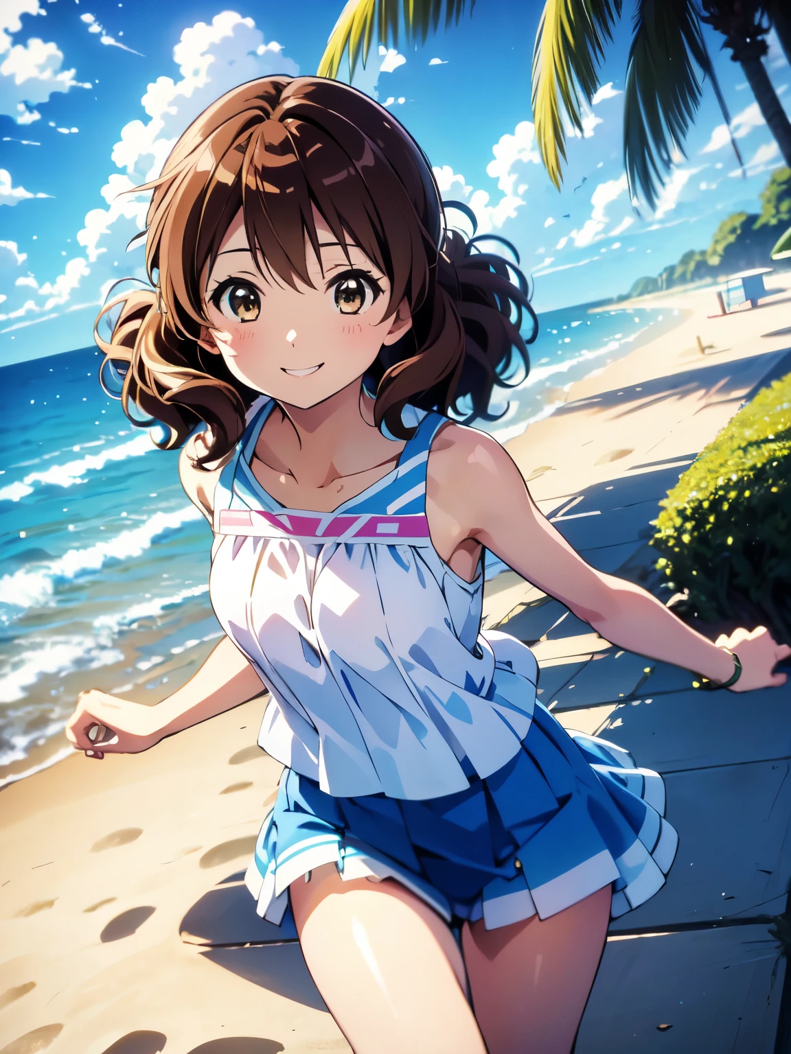 (masterpiece, 最high quality, high quality, High resolution, kumiko oumae、Very detailed、beach、stroll,　最high quality、Like a lift-up、smile、running