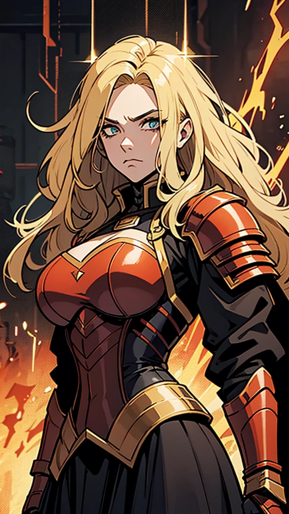 HeadBlast is an adult woman with a height of one eighty meters. She has long blonde hair. The armor he wears is red with a texture that imitates lava., and has yellow details. This armor includes a neckline that allows you to see your chest.. Inside the armor, He wears a black robe. His eyes are yellow. Make sure the image focuses solely on the character, not including other characters or additional elements.