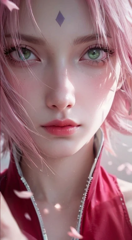 young woman, peach skin, short pink hair, wide forehead, big green eyes, buttoned nose, big pink lips, slender body, small breasts, medieval period clothing, deep neckline, Sakura Haruno, 3d
