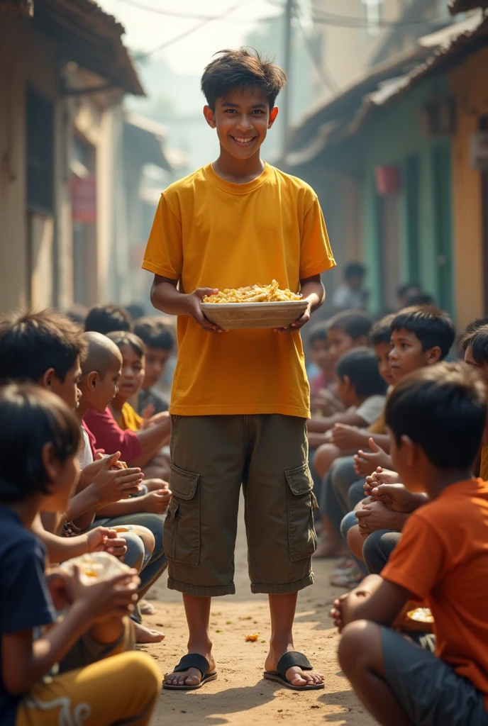 A boy of 24 -2 are donate food on poor people poor people are sitting and boy is up in yellow t shirt