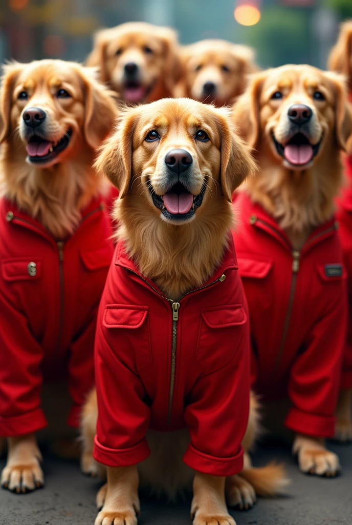 seven golden retrievers with red overalls in the series la casa de papel