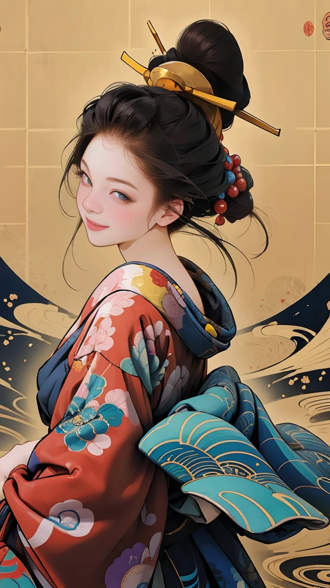 (SeaArt、I create amazing digital illustrations of beautiful women in kimonos)、Beautiful woman smiling and showing her upper white teeth、Vividly colored Ukiyo-e style illustrations、Brown-black long hair、Beautiful full body style、If you want to dance, Dance to the Tokyo Ondo, Good good、Beautiful new digital paintings,、 Bright and vibrant digital anime art、Beautiful anime portraits、Background、Torii gate of a Japanese shrine.、Detailed digital anime art、