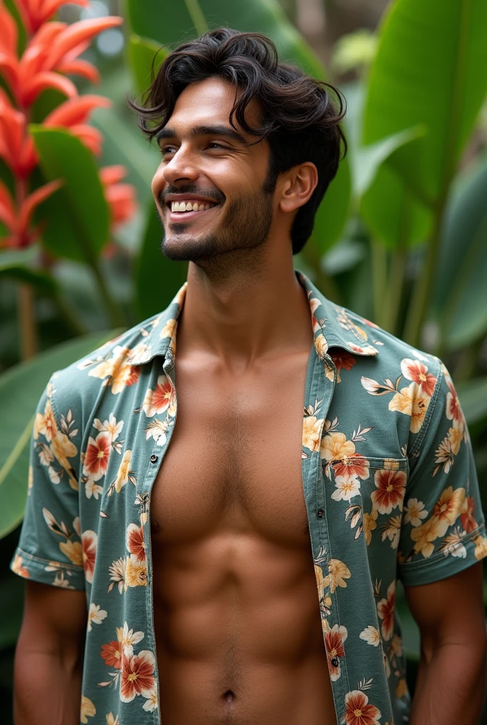 A Brazilian man in a lush tropical garden, wearing an open shirt with a floral print, with a close-up capturing the harmonious beauty between her breasts and the natural flowers, showing off your natural charm and outgoing personality. Only in underwear