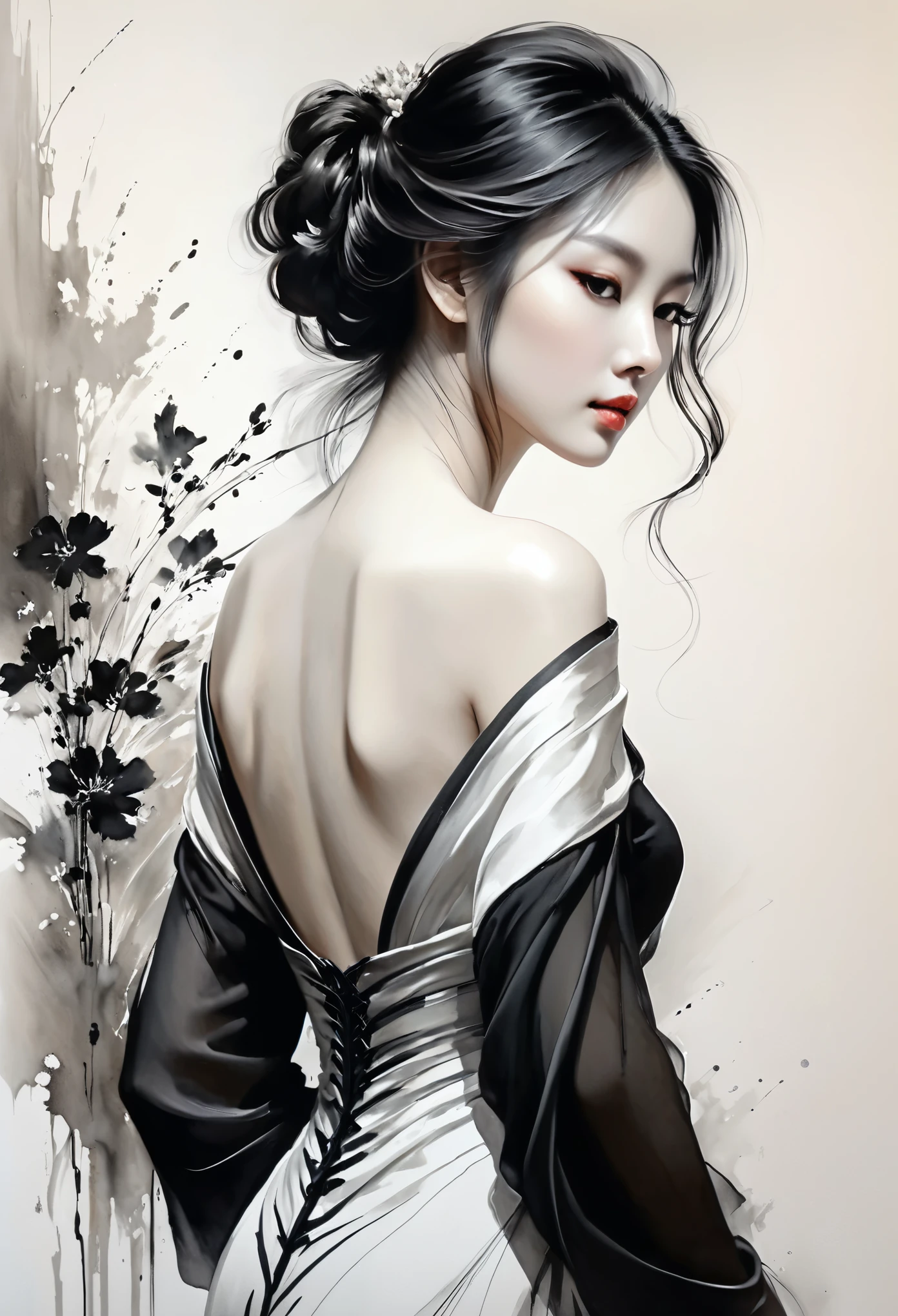 elegant maiden，black andwhite水墨画，loose brushwork，Pen outlines delicate lines，Fluid action，Subtle shades of paint，elegant posture，A peaceful expression，Delicate facial features，black andwhite，to clean