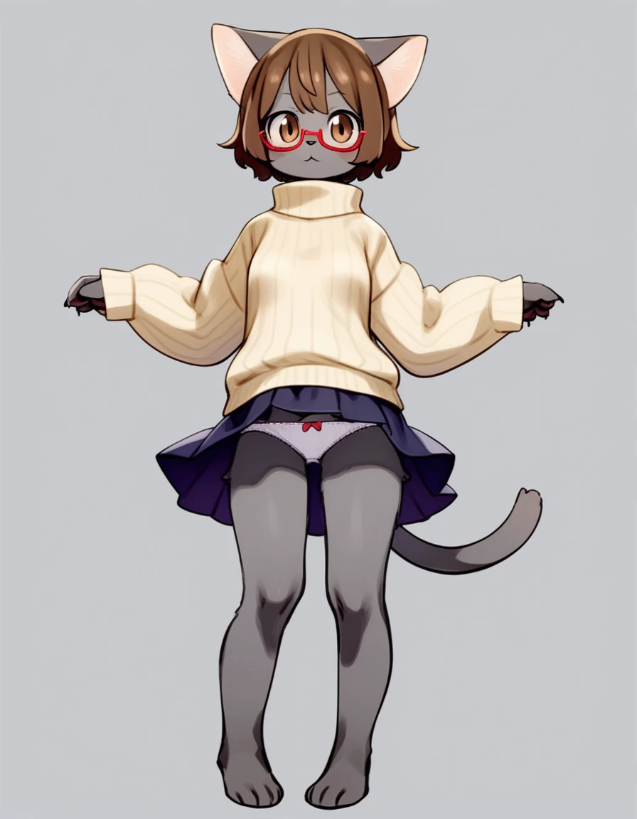 Solo, anthro, feline, domestic cat, grey fur, grey body, brown hair, short hair, brown eyes, red glasses, sweater, turtleneck, by bebebebebe, by pgm300, by buta99, by suurin 2, by sindoll, by kishibe, full body, skirt, cute panties, white panties, frilly panties, belly, slight belly