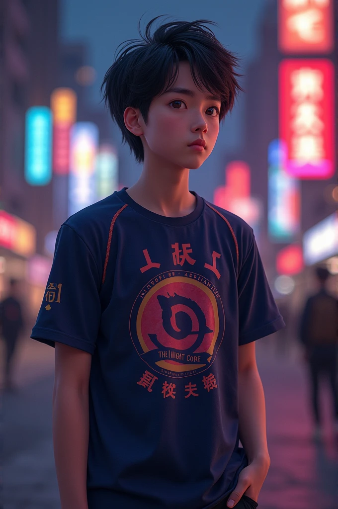 Make a Japanese, 1, wearing a squad tshirt with his nickname 'Arlotty' on it and his squad or team for eSport "The Night Core' and put a logo. No numbers, realistic like real human taken by camera, don't forget his nickname ARLOTTY on his shirt and his squad name 'The Night Core'