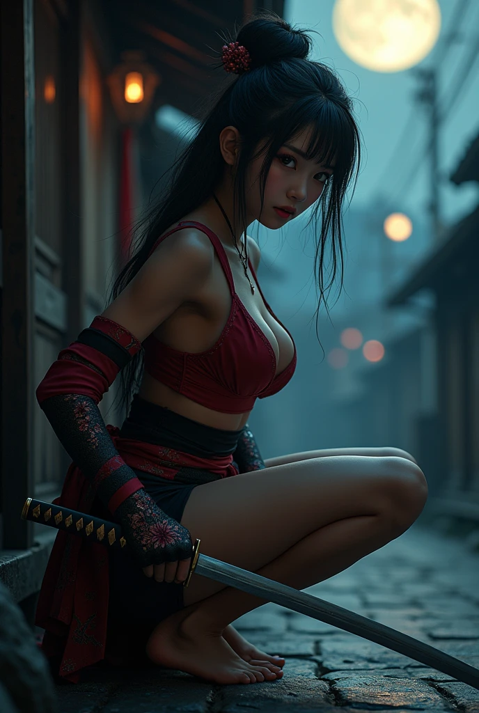 masterpiece, Highest quality,
one japanese girl, young, busty, cleavage, wearing ninja clothes, bare legs, bare arms, side boob, night, moon light, at edo town, japan, squatting, spread legs, side face, prepare a KATANA, hide a corner of house,