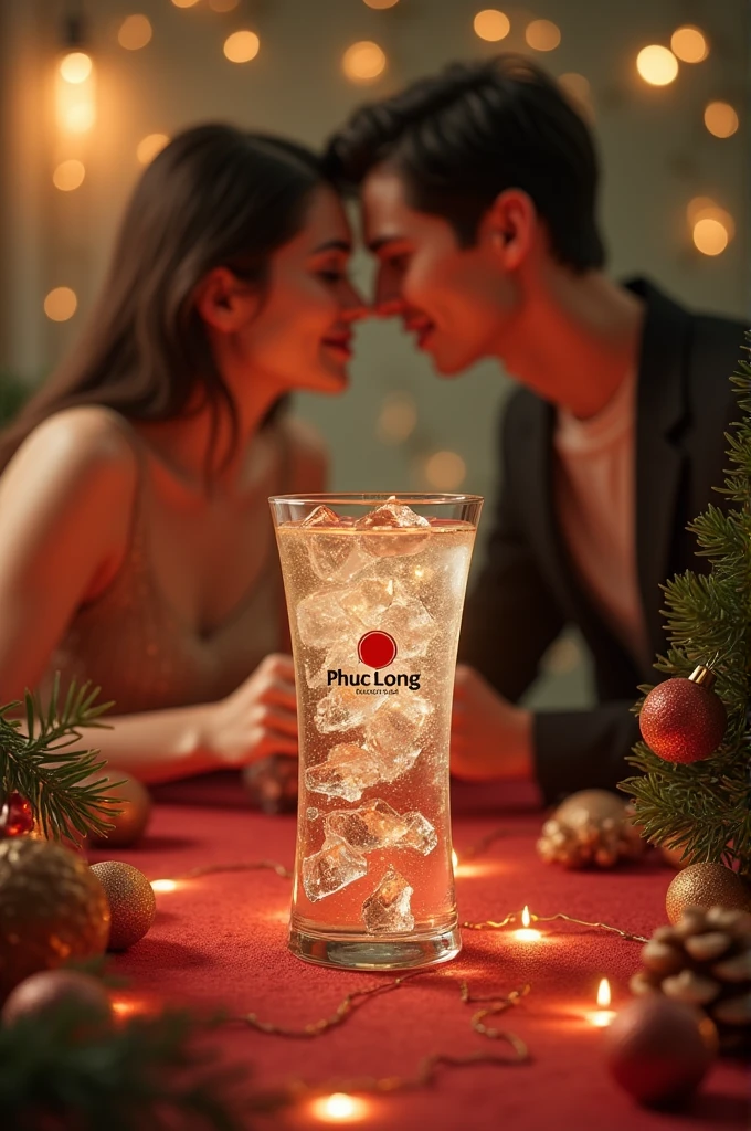 On the glass of water there is a couple in love ,holding a glass of water with Phuc Long logo to drink. The background of the cup is Christmas theme with pine tree. The cup says Christmas is coming, Phuc Long waiting for you
