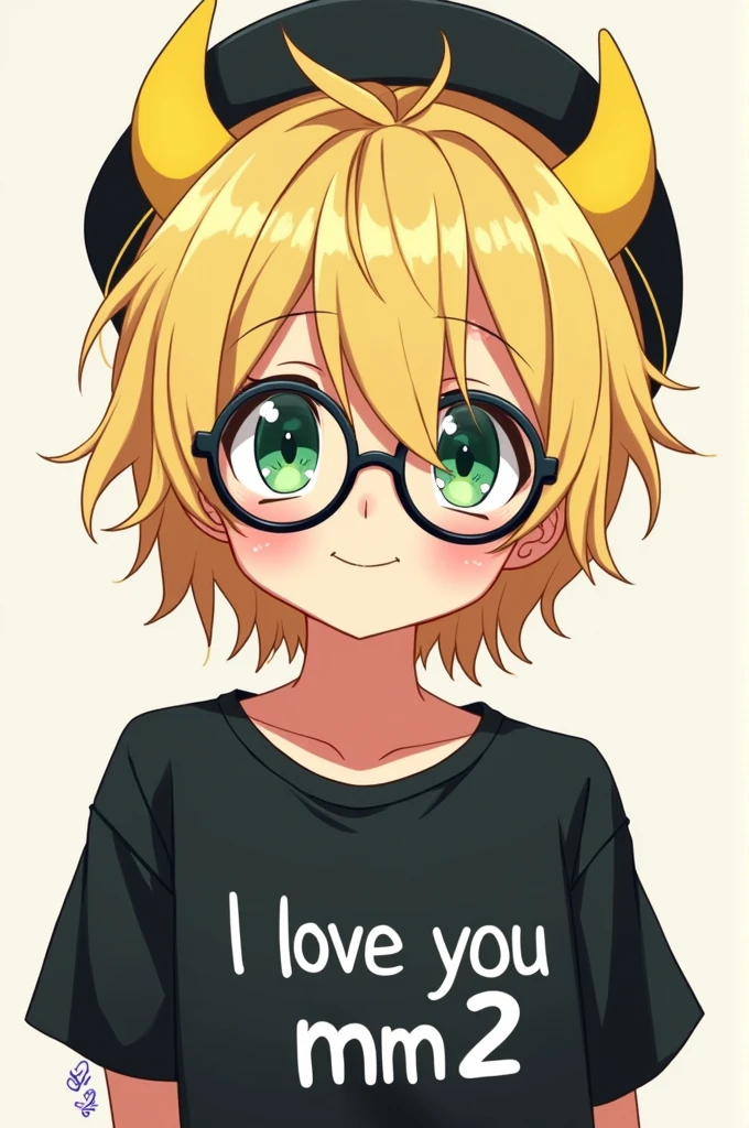 anime boy blonde messy hair black shirt that says I love you mm2 black round glasses green eyes and yellow horns and black cap