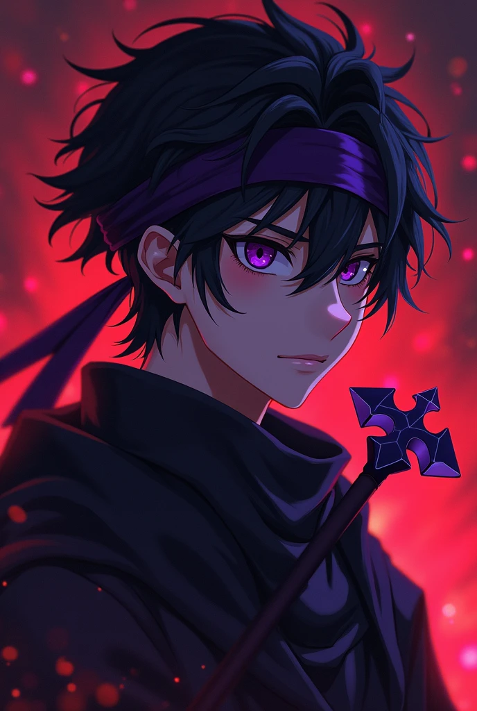 a young anime boy with purple headband, deadly aura, hyperrealistic, detailed face, beautiful eyes, striking expression, dark clothing, mysterious background, cinematic lighting, dramatic shadows, digital painting, concept art style, vibrant colors, moody atmosphere, fantasy theme. age must be like 25 and there must be a minecraft diamond axe in the back also make the background theme red . charecter must not be realistic where is the axe. axe must be visible. it must be aminecraft axe. the diamond minecraft must be visible. make the axe look its on his hand but a little.
