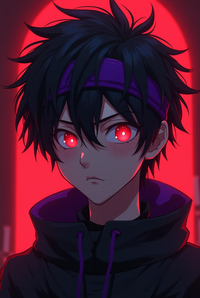 a young anime boy with purple headband, deadly aura, hyperrealistic, detailed face, beautiful eyes, striking expression, dark clothing, mysterious background, cinematic lighting, dramatic shadows, digital painting, concept art style, vibrant colors, moody atmosphere, fantasy theme. age must be like 25 and there must be a minecraft diamond axe in the back also make the background theme red . charecter must not be realistic where is the axe. axe must be visible. it must be aminecraft axe. the diamond minecraft must be visible. make the axe look its on his hand but a little.