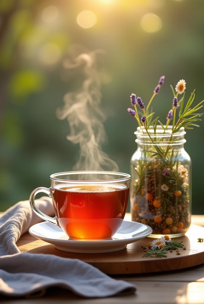 cup of tea with a glass jar next to it with aromatic herbs



