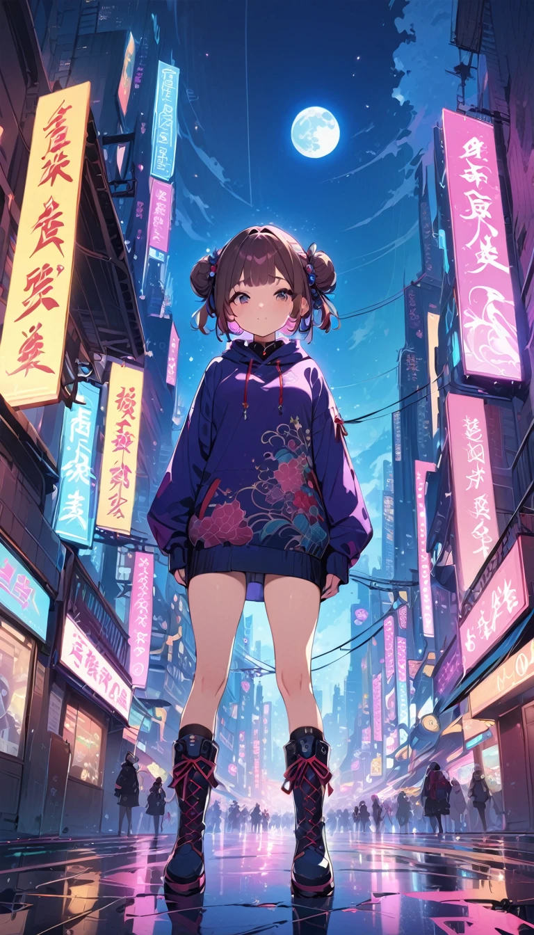(((masterpiece, Highest quality, One person, alone))), (((two side bun hairstyle, Brown Hair,Side Up,  Short, round eyebrows:1.8, bangs, Beautiful Eyes, Black Eyes))), (smug face, :3 face, smug face, Close your mouth, Red round cheeks, Mouth ω) View your viewers, 1, (((Navy blue Chinese style hoodie, Purple hoodie strings), Dark blue long boots)), Small breasts, ((whole body, arms behind)), from the front, full moon, A city full of neon lights in China, Many faint particles of light on the entire screen,