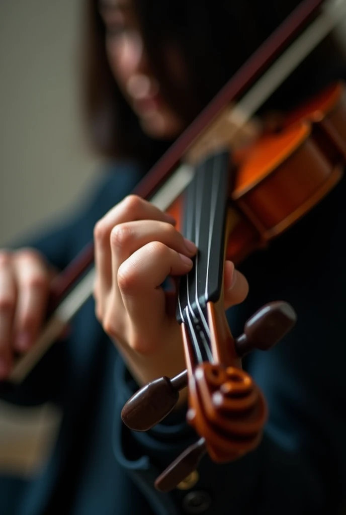 An image showing the perspective of a musician playing a violin and showing the hands clearly, including the one holding the bow.