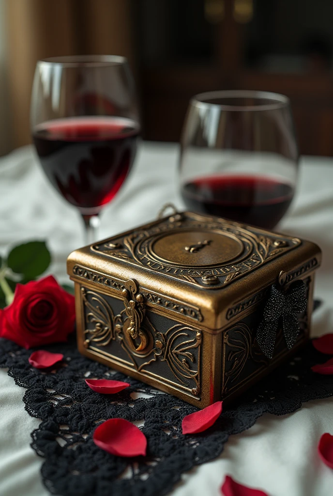 A mysterious metal box with carvings on the outside. An inscription in a strange language on the forehead. The old hand-sized box is on top of a black lace thong on the bed.. The panties have a sparkling black bow in the sample. Behind the box, a glass of wine standing up and another lying down. A red rose laid on the box. Some petals on the bed. Blurred room background. The silhouette of a woman's naked back reflected in a glass of wine