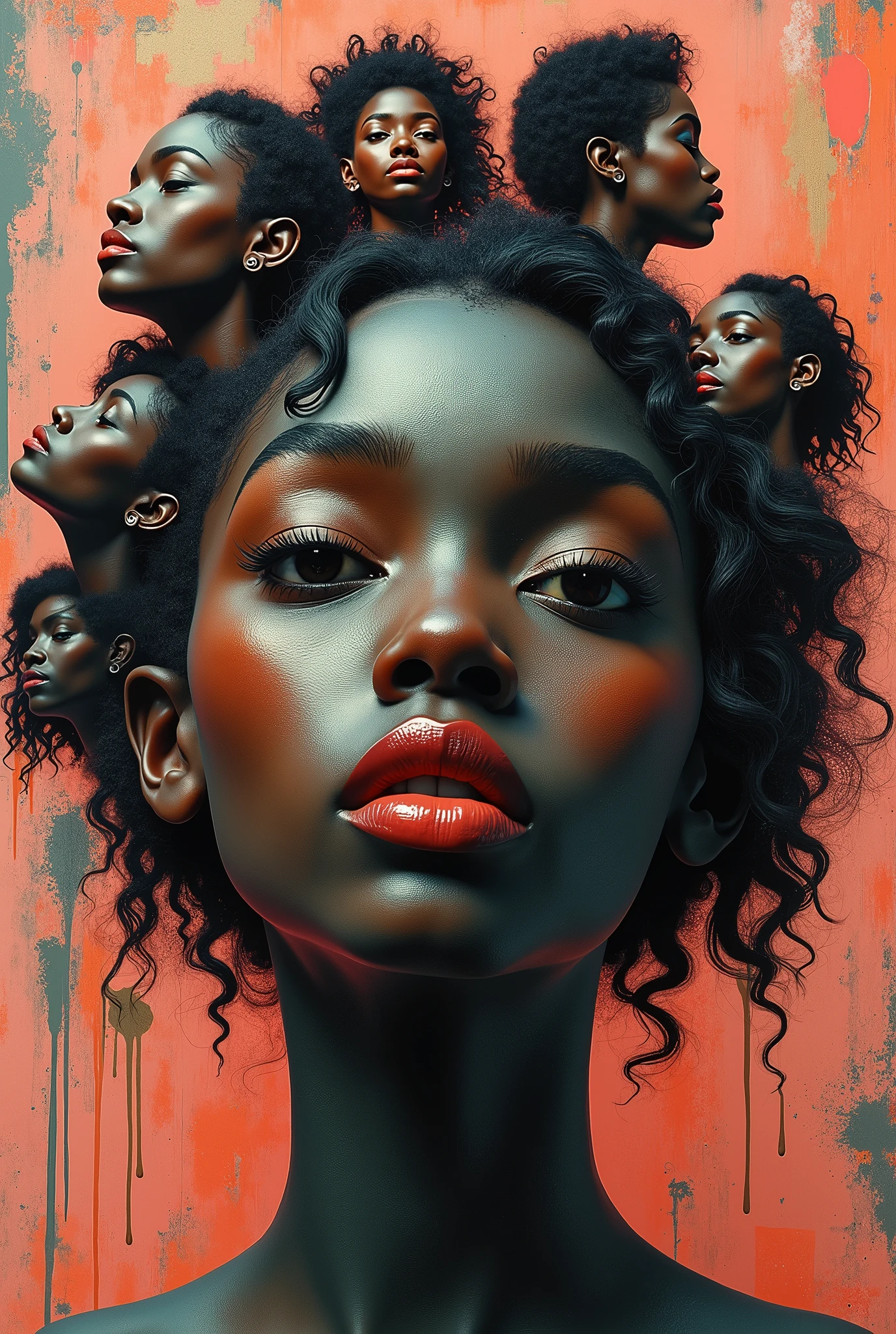 Expressionist artwork images of multiple floating heads of black women, 3d collage style, make it weird and gallery worthy