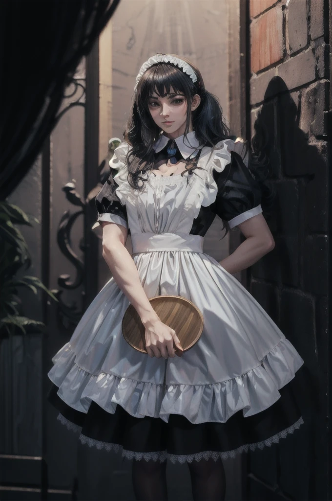 Batman, the Dark Knight, stands confidently in a provocative pose, donning a revealing pink maid outfit. The tight-fitting uniform accentuates his muscular build, while the frilly apron and matching hat add a touch of whimsy to his imposing presence. Soft lighting casts a flattering glow on his skin, with subtle shadows highlighting the contours of his powerful physique. In the background, the dark and gothic Gotham can be seen, contrasting with the vibrant colors of Batman's attire. The overall composition is playful yet alluring, inviting the viewer to gaze upon this unexpected fusion of power and sensuality.